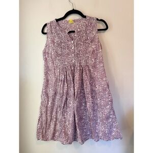 Roberta Roller Rabbit Purple Block Print Cotton Dress Size S Smocked Boho India